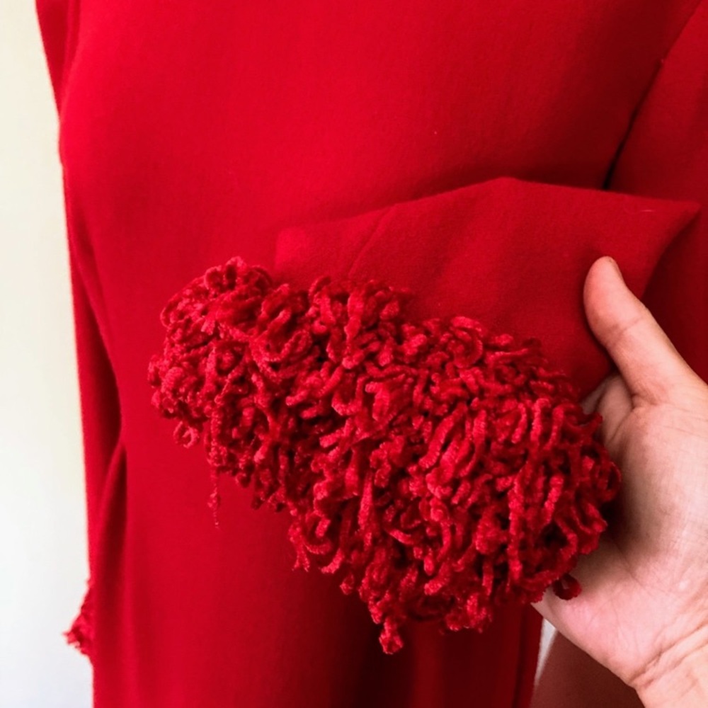 Vintage 1980s 1990s Geoffrey Beene Red Dress w Chenile fringe collar sleeve hems - Picture 10 of 10
